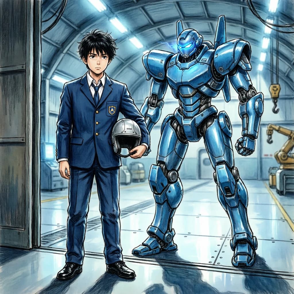 A teenage pilot grips his helmet under one arm, standing at the edge of a glowing hangar bay. Before him looms a sleek, steel-blue mech, its eyes lit with a cold electric glare. His school uniform is rumpled, a sharp contrast to the machine’s flawless plating. The vast scale engulfs him in shadow, emphasizing both awe and dread. Hand-drawn anime style.