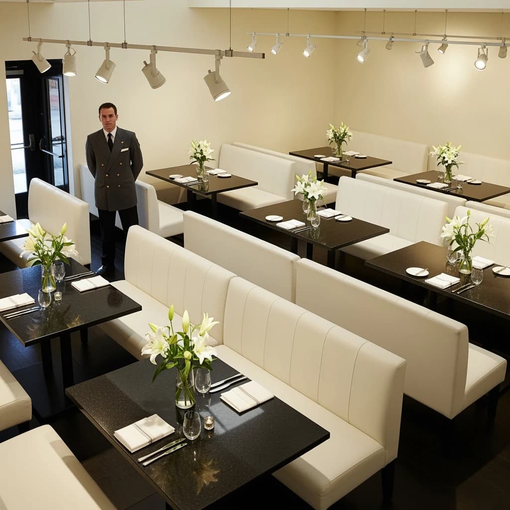 The place is almost empty. The banquettes are covered in white leather, the tables black granite, and the entire room is bathed in halogen track lighting that seems too bright. The maître d’ wears a double-breasted wool crepe jacket. There are lilies on every table.