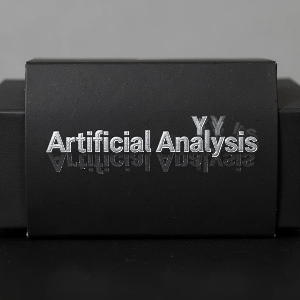 On the black box, silver foil embossing, centered: "Artificial Analysis" in Comic Sans Small Caps, perfectly justified. The letters are crisp, but the “Y” is duplicated faintly, ghosting right. On the box’s reflection, the word order is inverted: ARTIFICIAL ANALYSIS.