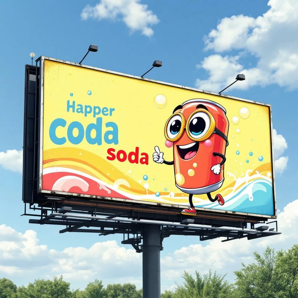 Design a bright soda billboard ad with a bubbly can mascot, thick inky lines.