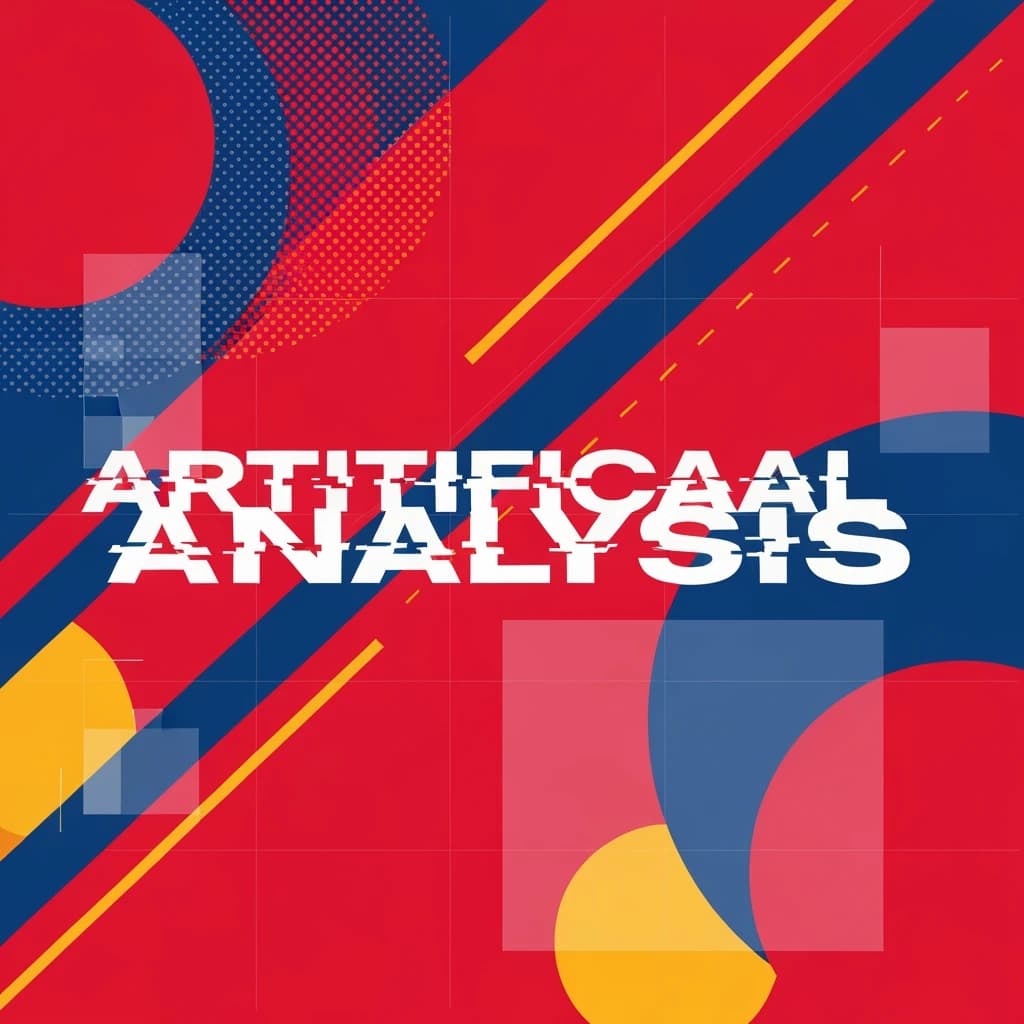 A bold poster composition dominated by flat geometric shapes in crimson, cobalt, and ochre. Overlapping circles and sharp diagonal lines create dynamic tension across the frame. A single sans-serif word — Artificial Analysis — stretches across the center in stark white, distorted slightly as though caught mid-glitch. The background is textured with halftone dots and faint grid lines, while subtle overlays of translucent rectangles suggest depth. Designed in the spirit of modernist Swiss typography fused with digital glitch aesthetics.