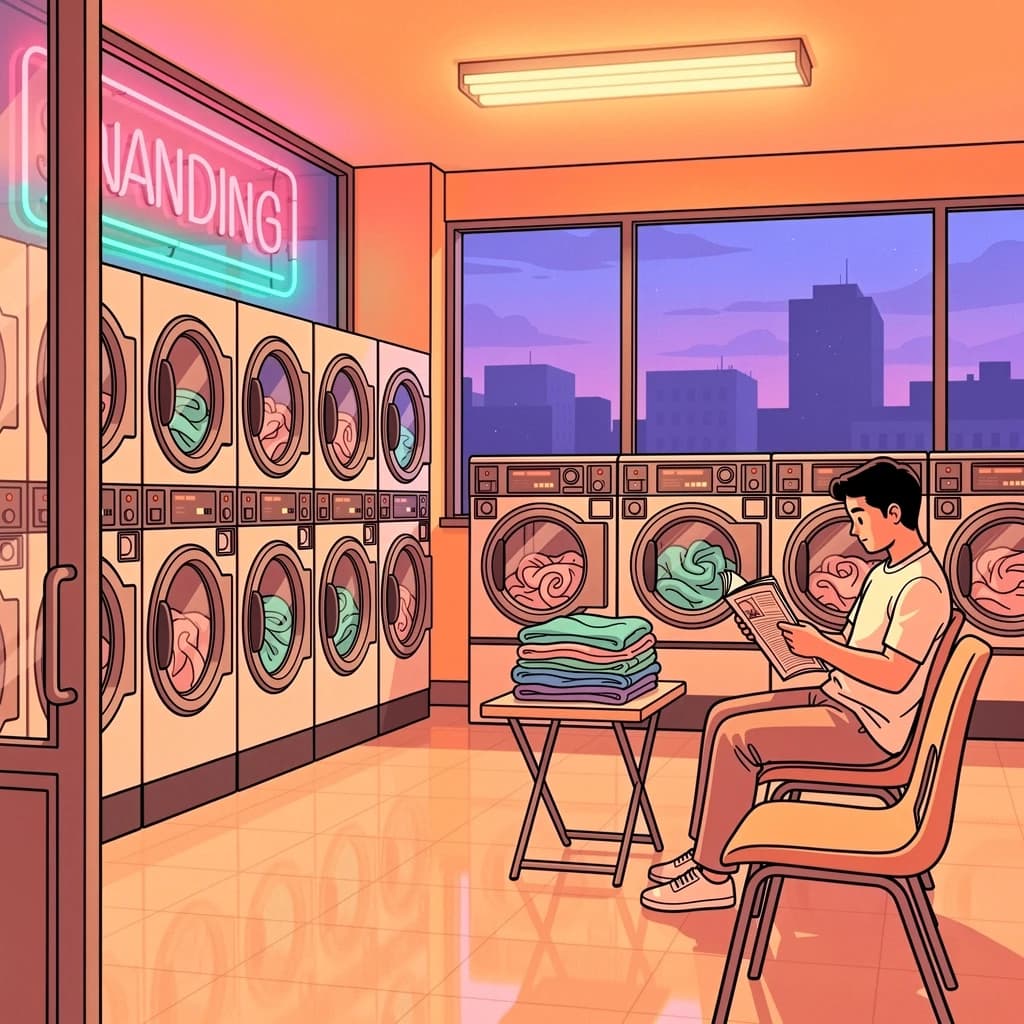 A cozy laundromat at dusk, neon humming, flat colors, bold inked lines.