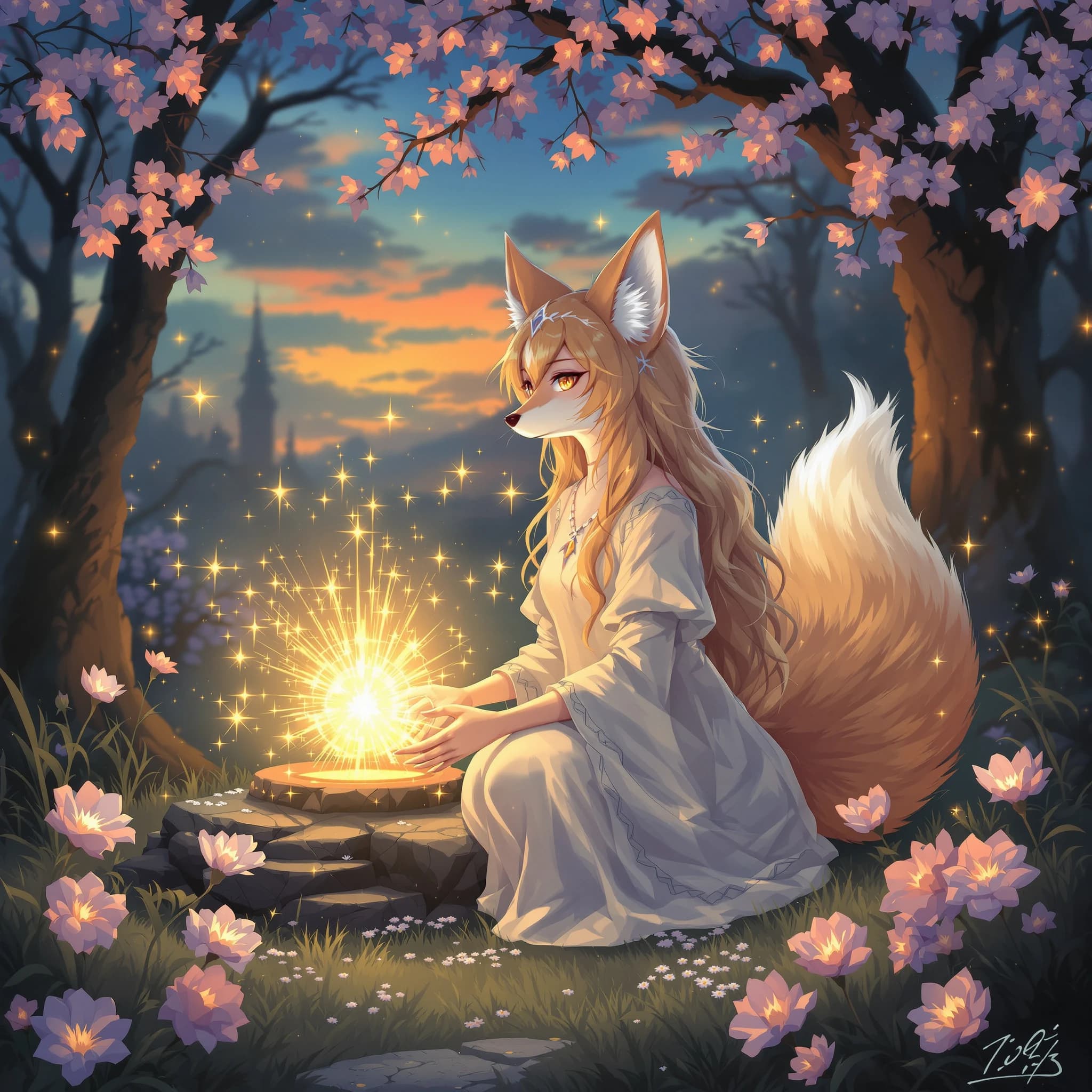 Cel-shaded fox spirit girl, glowing shrine at dusk, soft bloom, sparkly eyes.