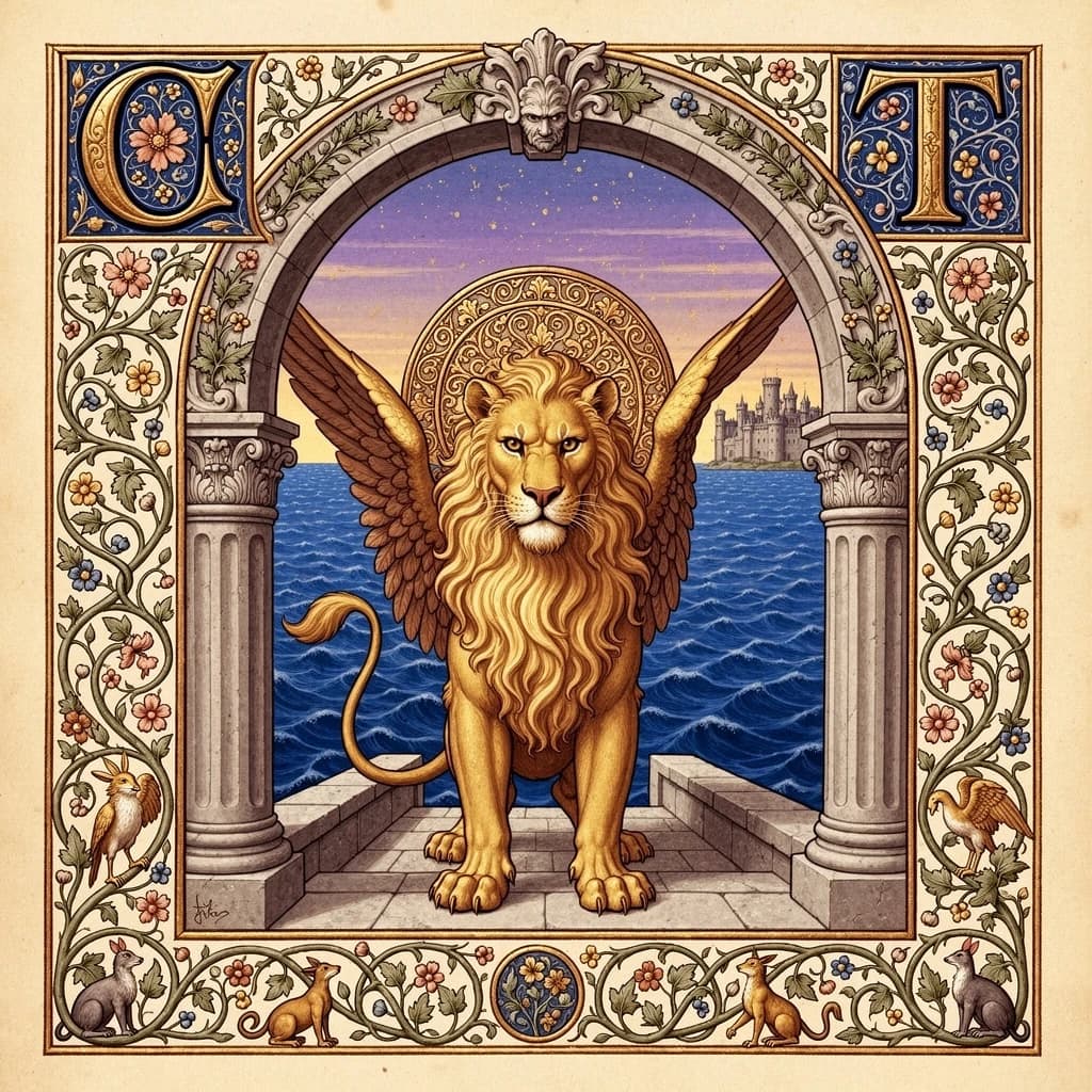 Paint an illuminated manuscript scene of a winged lion guarding a sea gate.