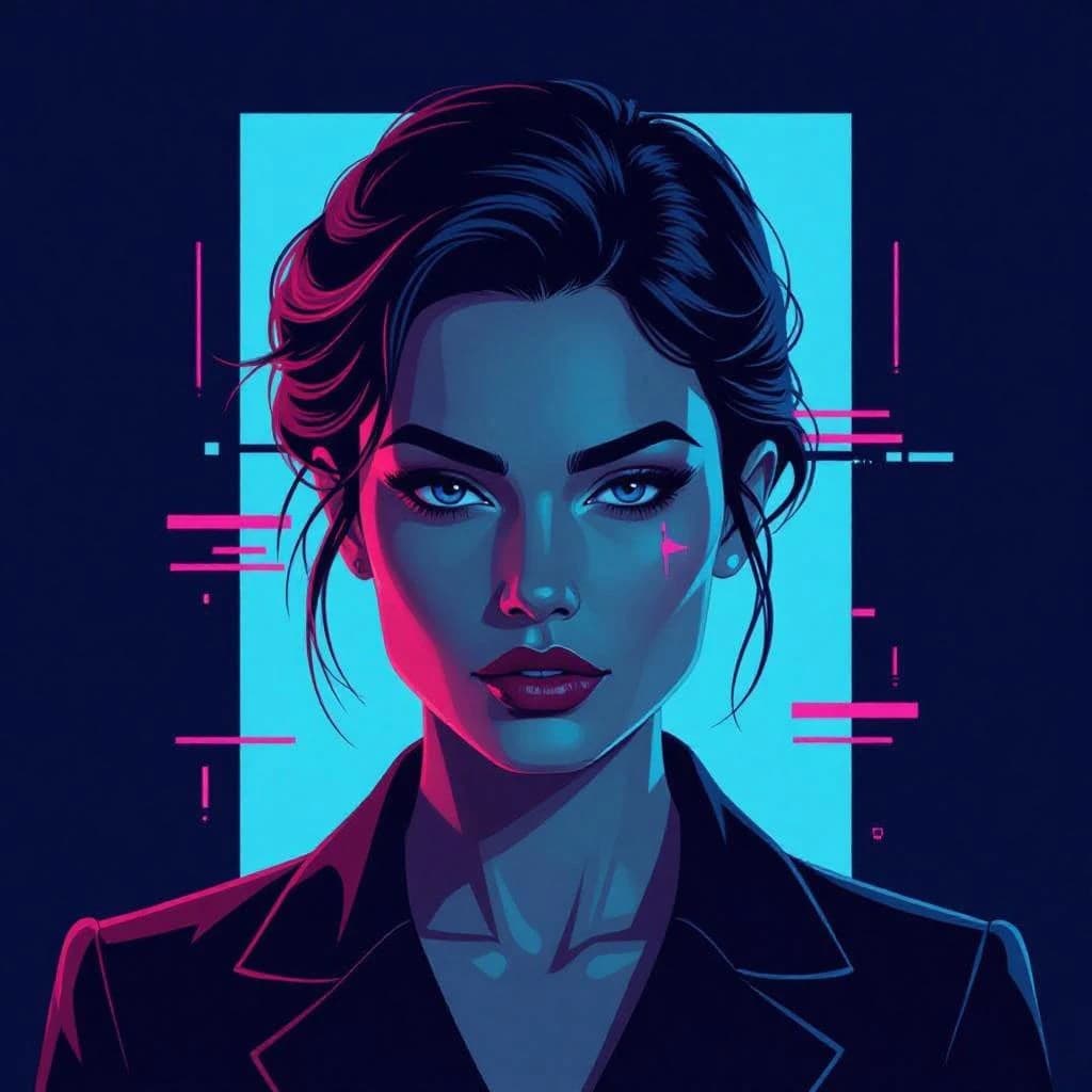 Render a stark 3D portrait of a stern woman, neon accents and vector overlays.