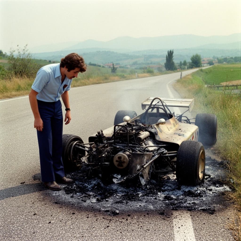 Mario examines the still smouldering wreck of the crash that took his best driver on the side of the country road. He designed this car and caused this. 3 days have passed since the crash. It's 1973 in Northern Italy.