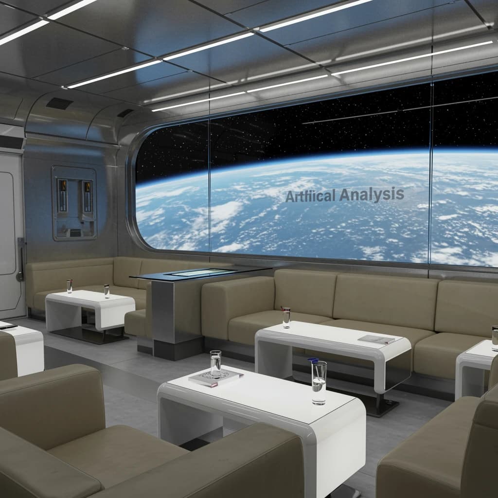 The orbital lounge has brushed aluminum walls and pale leather banquettes. Low white tables are inset with glowing touchscreens. Drinks are clear, flavorless, in tall unmarked glasses. The viewport is floor-to-ceiling, showing Earth moving slowly beneath. The word Artificial Analysis is etched discreetly on the glass in a frosted band.