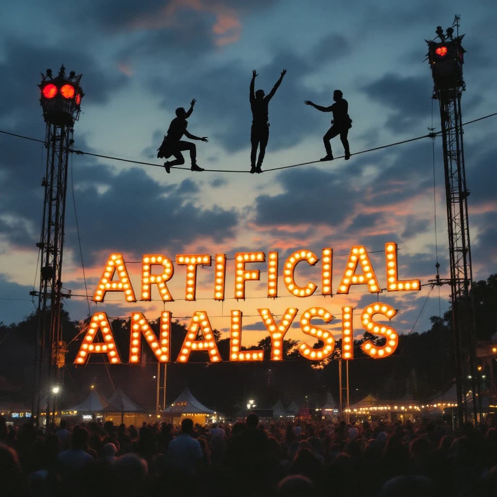 At dusk, high above a carnival crowd, three tightrope walkers balance on a single rope with no aids, one is off balance and grabbing at air. Below, the audience looks upward with baited anticipation. Artificial Analysis is spelled out in the background in carnival lights