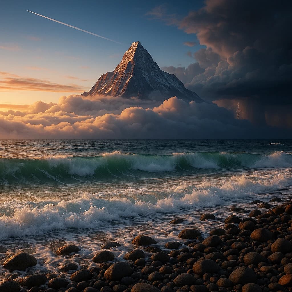 A stunning mountain vista pokes through the cloud top. Contrails from a distant airplane linger in the air. In the foreground there is a stony beach with foamy seas. A thunder storm is visibile in the distant right.