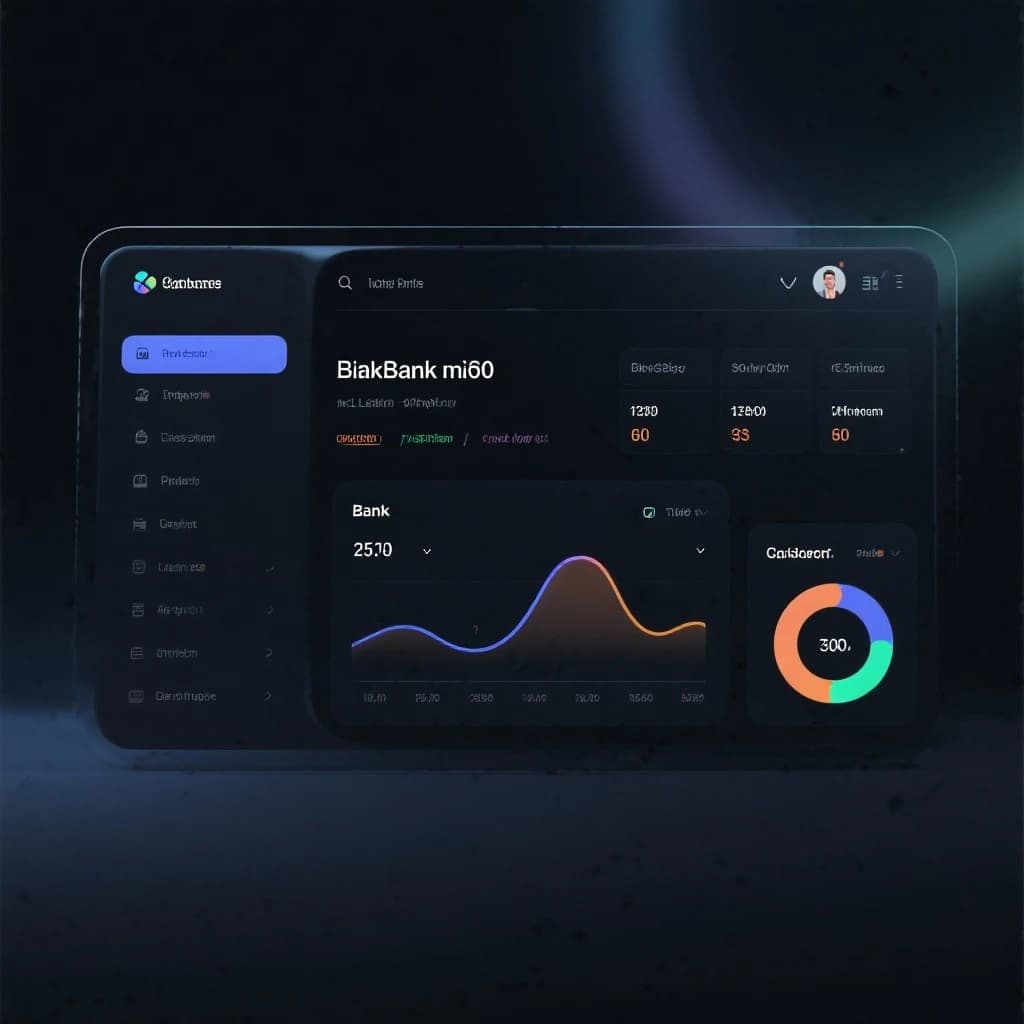 Dark mode banking dashboard with glassmorphism.