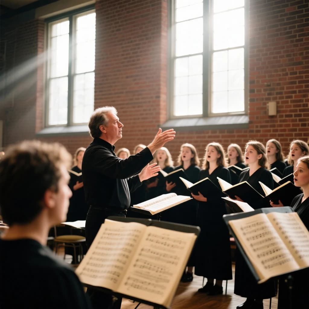A choir rehearses in a brick hall as somewhat dramatic morning light falls through high windows, with a patient conductor mid-gesture, open scores, intent faces, slight motion blur.