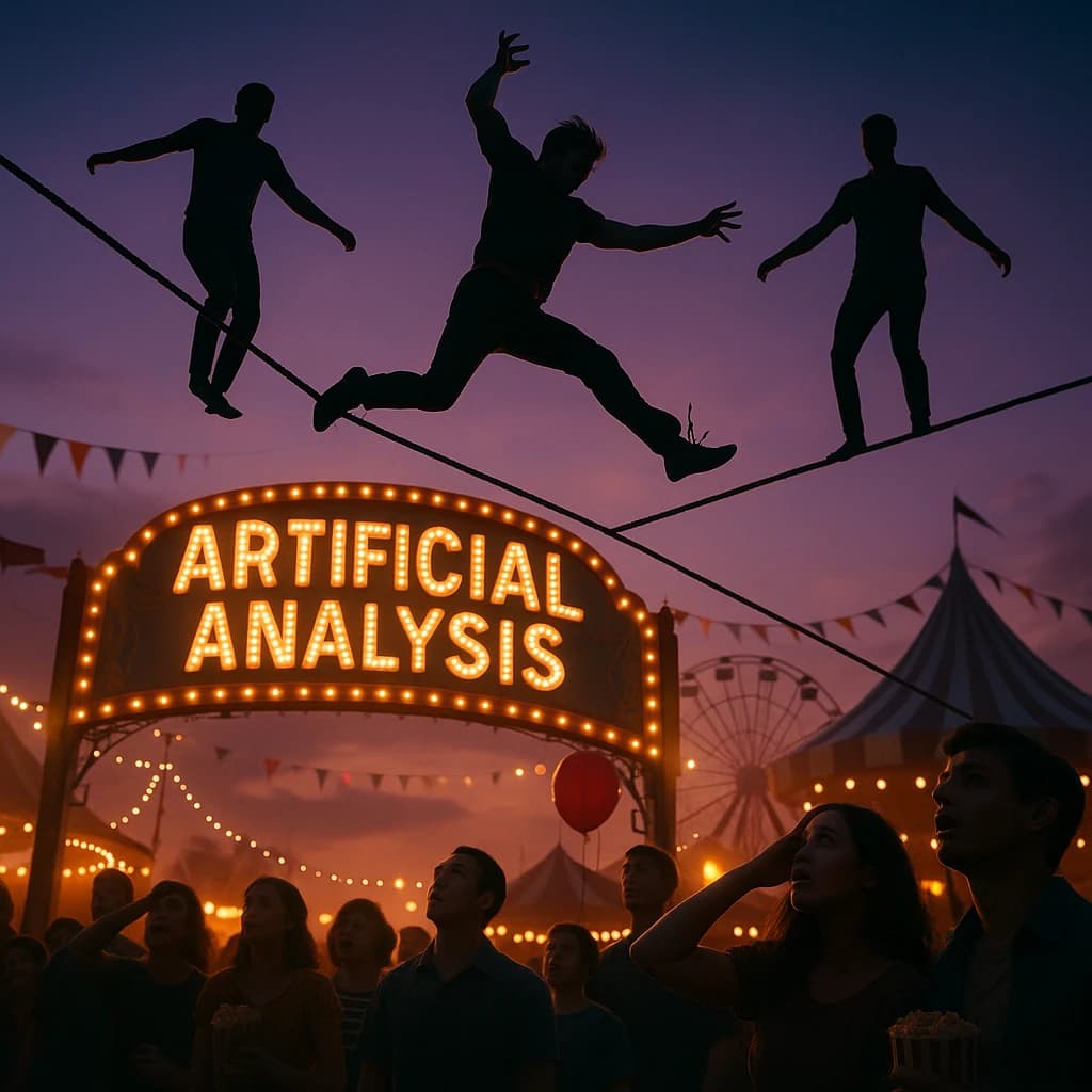 At dusk, high above a carnival crowd, three tightrope walkers balance on a single rope with no aids, one is off balance and grabbing at air. Below, the audience looks upward with baited anticipation. Artificial Analysis is spelled out in the background in carnival lights