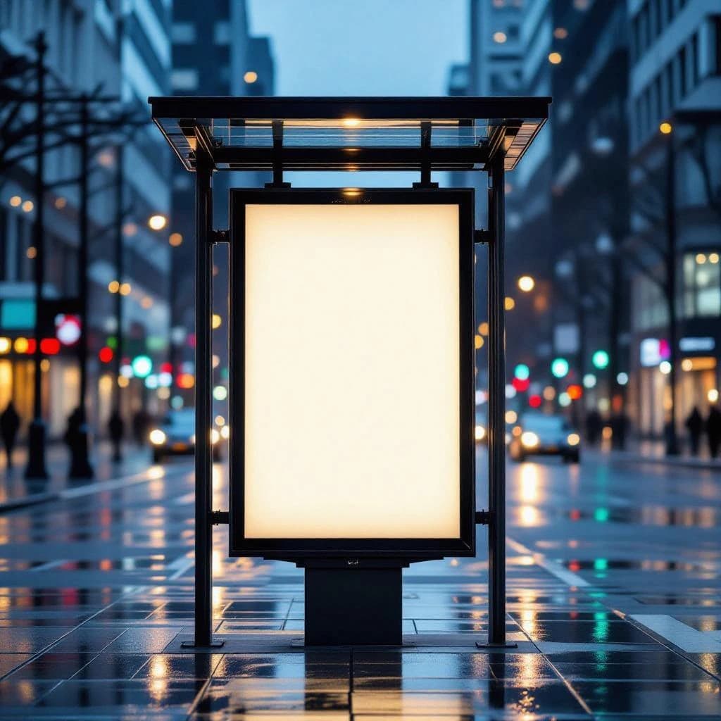 Show a billboard mockup at dusk: glass bus stop shelter, glowing lightbox, blank ad panel, city blur, raindrops, space for copy, looks premium but a bit gritty.