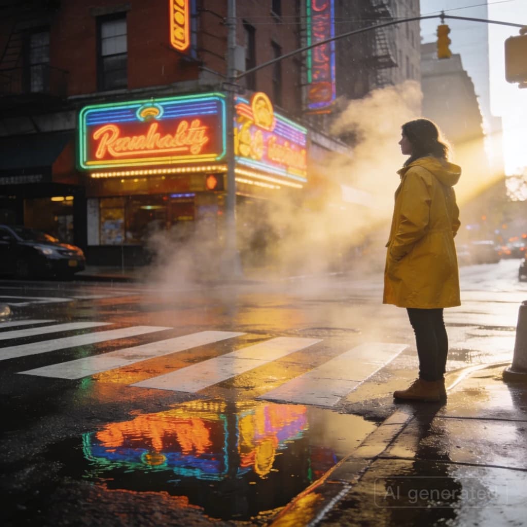 A sunlit city street after rain; puddles mirror neon signs as a woman in a yellow raincoat waits at a crosswalk, soft mist, 50mm look, natural tones, a bit of film grain.