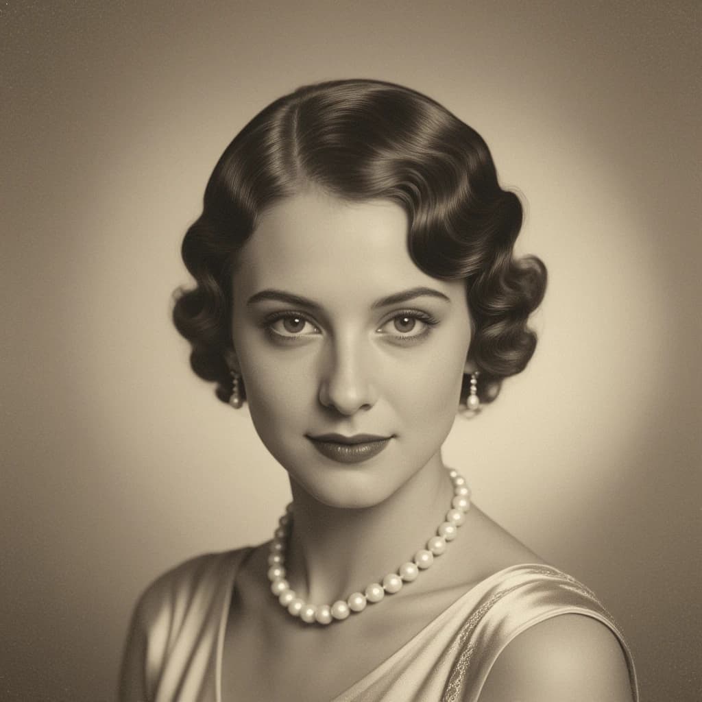 Sepia-toned studio portrait of a flapper with pearl necklace, soft grain.