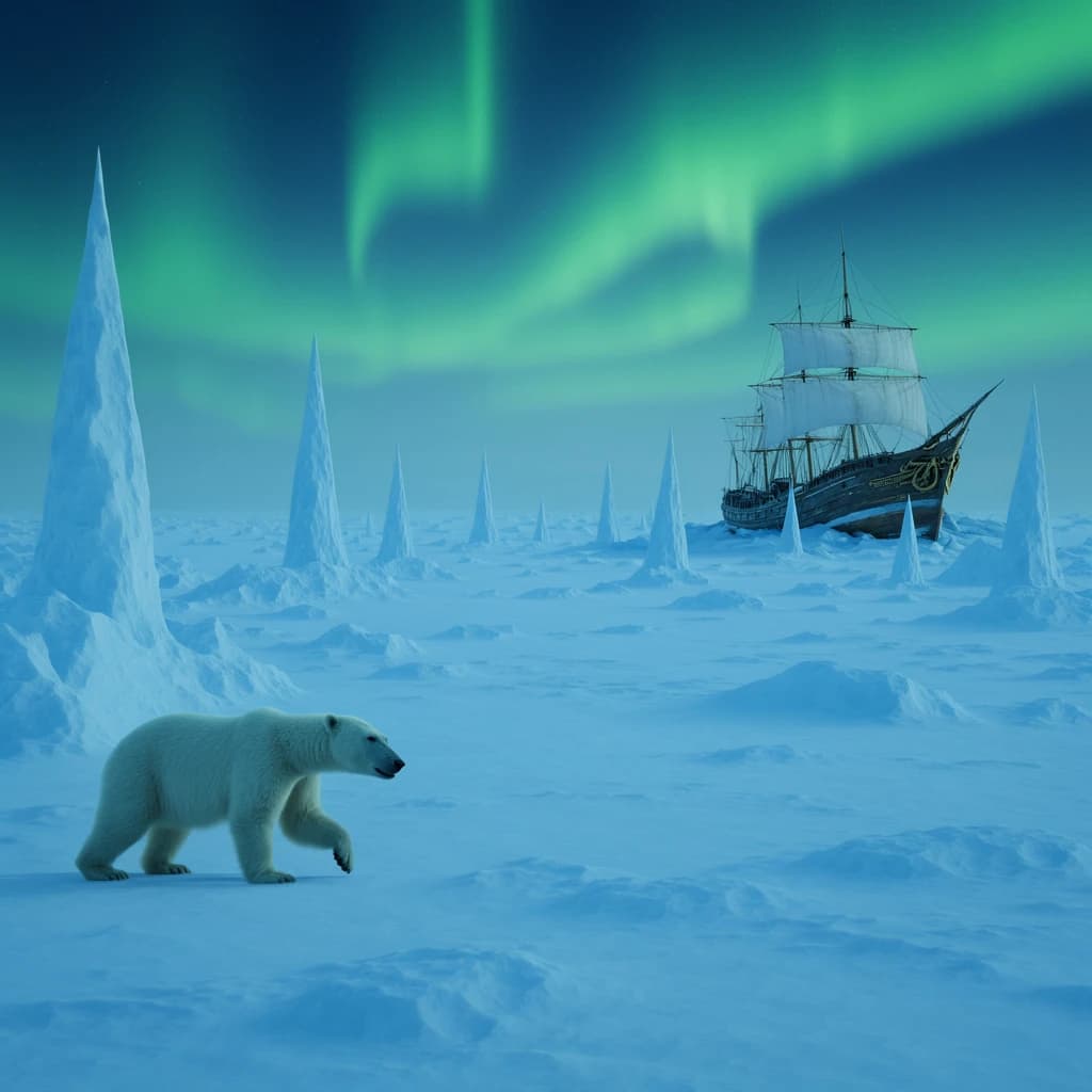 An endless tundra stretches outward, littered with jagged icebergs shaped like cathedral spires. A polar bear trudges across the foreground but leaves no tracks. Auroras ripple overhead. A half-buried shipwreck juts from the snow — sails billowing despite the still air.