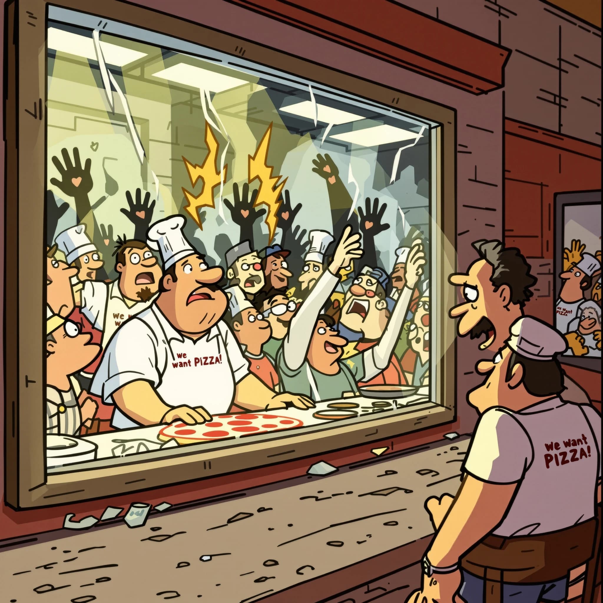 Pasquale is pulling his few remaining hairs out over a disaster at the pizzeria - the cooks are working as fast as they can but the crowds outside are swelling and they demand hot hot pizza! They are banging on the glass and some are wearing "we want pizza" shirts. 1980s western TV animation style.