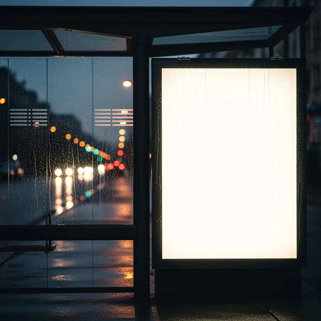 Show a billboard mockup at dusk: glass bus stop shelter, glowing lightbox, blank ad panel, city blur, raindrops, space for copy, looks premium but a bit gritty.