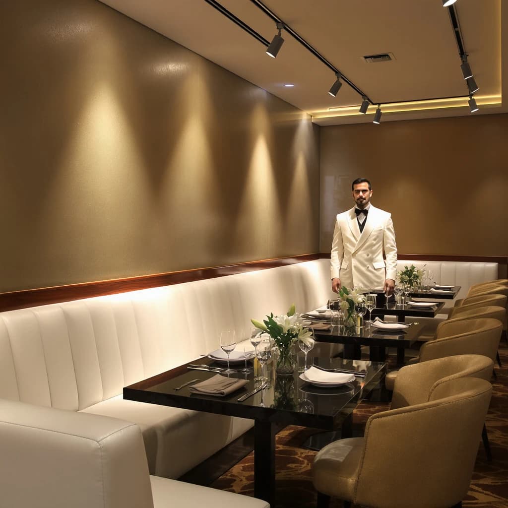 The place is almost empty. The banquettes are covered in white leather, the tables black granite, and the entire room is bathed in halogen track lighting that seems too bright. The maître d’ wears a double-breasted wool crepe jacket. There are lilies on every table.