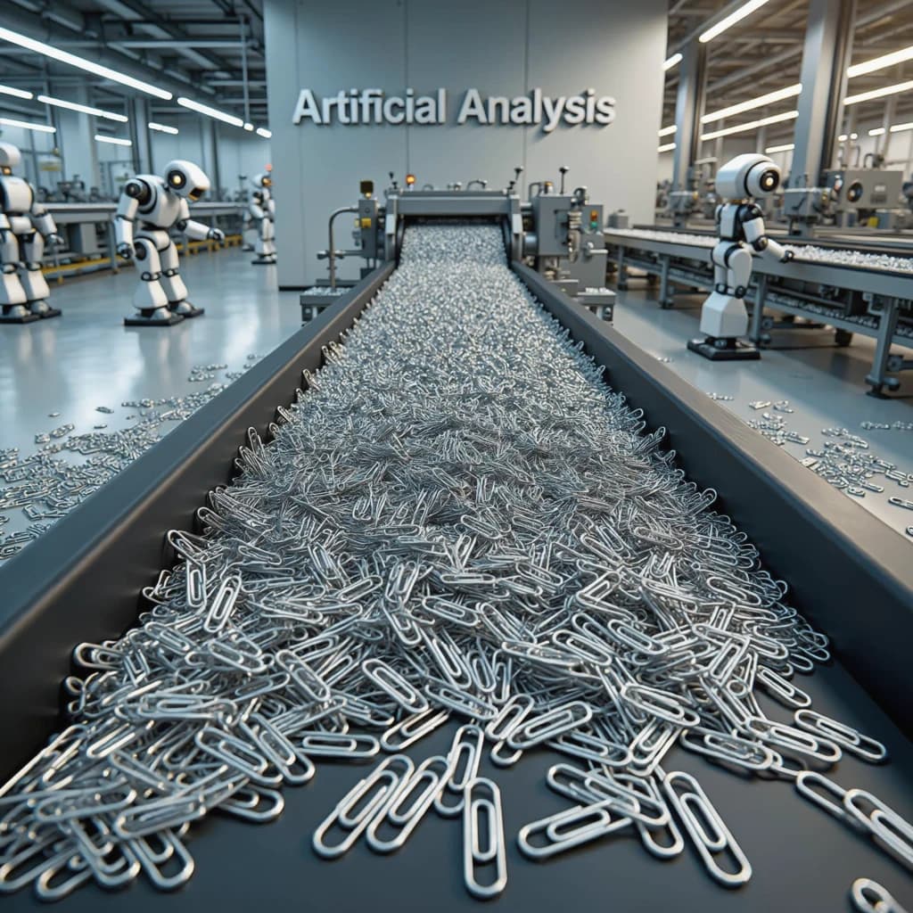 Close up point of view perspective on a conveyor belt pumping out paperclips at a maddening pace. The high tech factory has Artificial Analysis printed proudly on the wall. Robot staff look approvingly over the robust output.