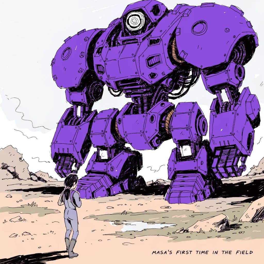 Clad in his body suit up to the neck, young Masa nervously approaches the towering mech with his back facing us. He is nervous for his first time in the field. The mech's bright purple colour scheme contrasts with the grey body suit. The scale of the mech dwarfs Masa. Hand drawn style
