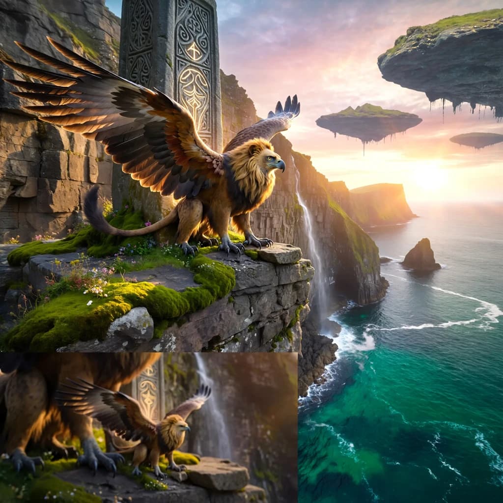 At dawn, a winged griffin lands on a mossy cliff above a jade sea beside a runed obelisk; floating isles drift under golden sunbeams, with a bit of sea spray and glowing runes.
