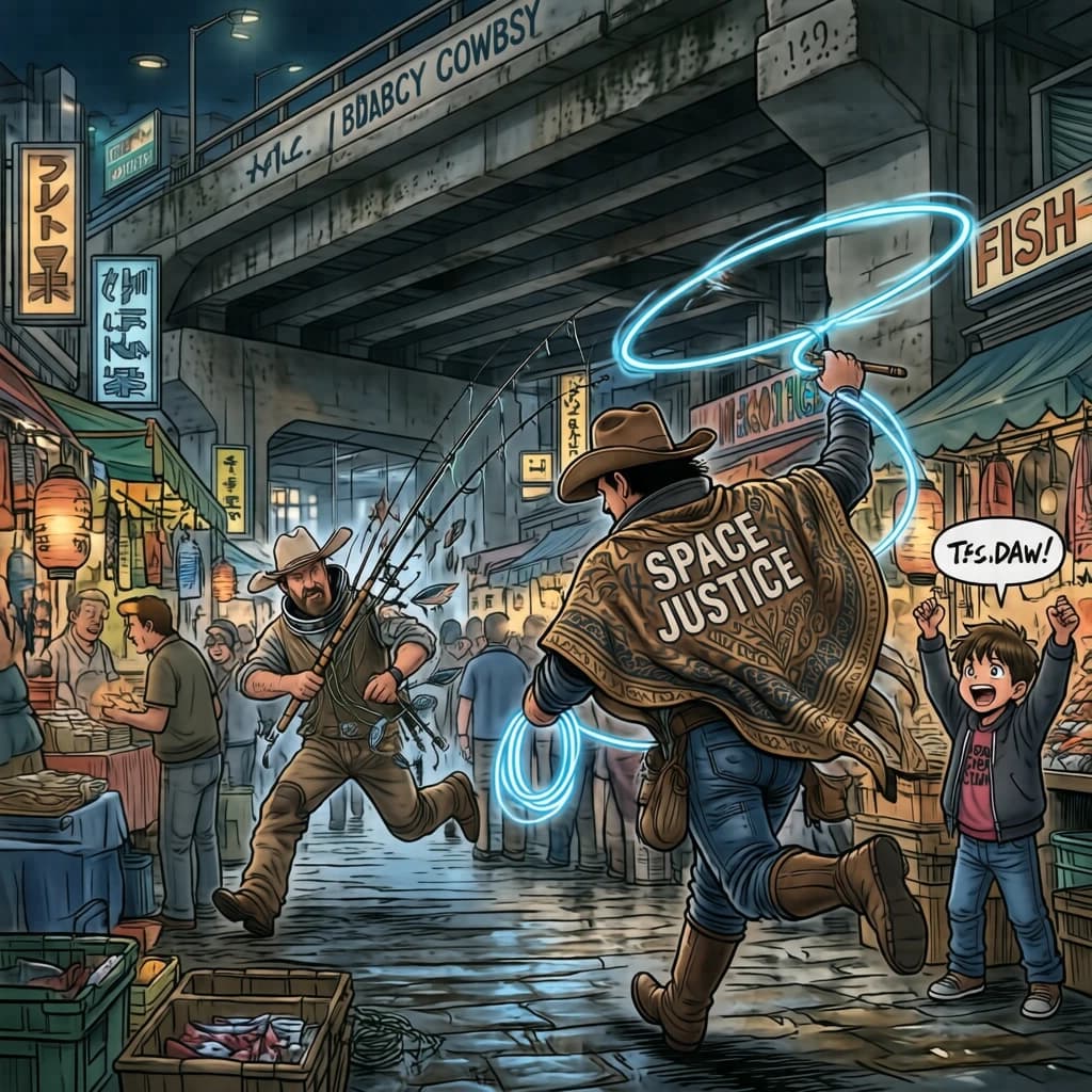 The space cowboy chases the deranged fisherman underneath the causeway, eager to collect on his bounty. Fishing rods and lines hang off the back off the fishermen as he darts between the bustling market crowd. We see the back of the space cowboy in his space poncho emblazoned with the words SPACE JUSTICE, spinning his lasso over his head. A child on the sidelines excitedly cheers the cowboy. 1990s hand drawn anime style with strong fluidity