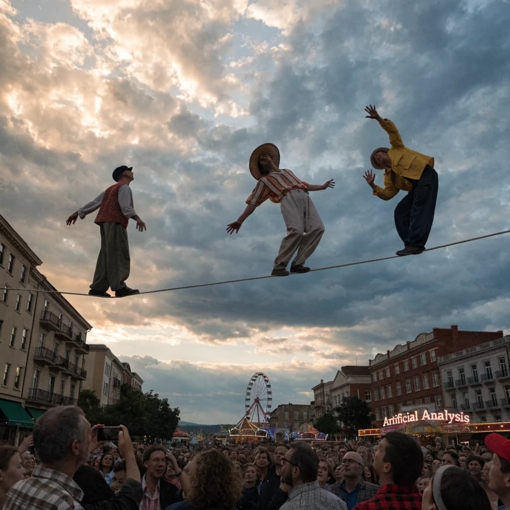 At dusk, high above a carnival crowd, three tightrope walkers balance on a single rope with no aids, one is off balance and grabbing at air. Below, the audience looks upward with baited anticipation. Artificial Analysis is spelled out in the background in carnival lights