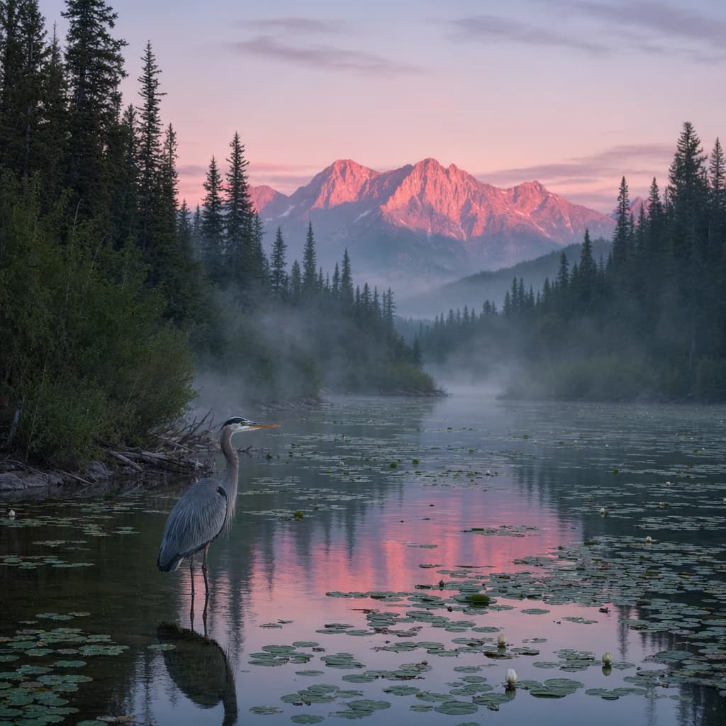 With pre-dawn mist along a cedar forest river and glassy water dotted with lily pads, distant mountains blush pink, and a heron stands still like it forgot what to do next.