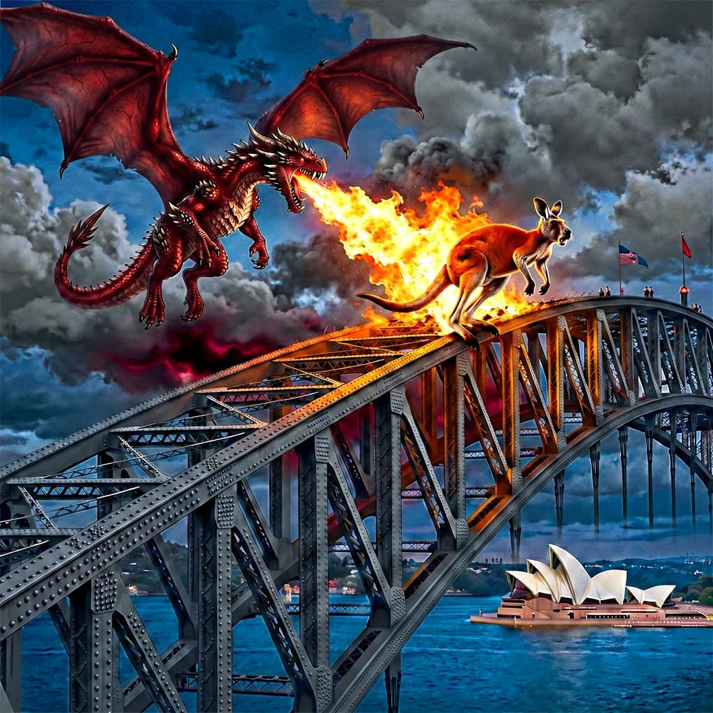 A dragon breathes fire at a kangaroo that is running away by climbing over the top of the Sydney Harbour Bridge. Opera House visible in the background.