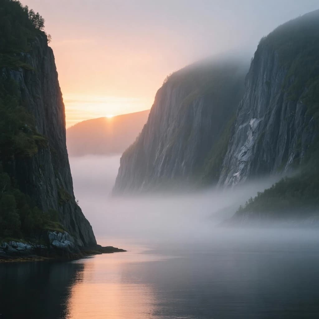 Frame a foggy fjord at sunrise, cliffs looming.