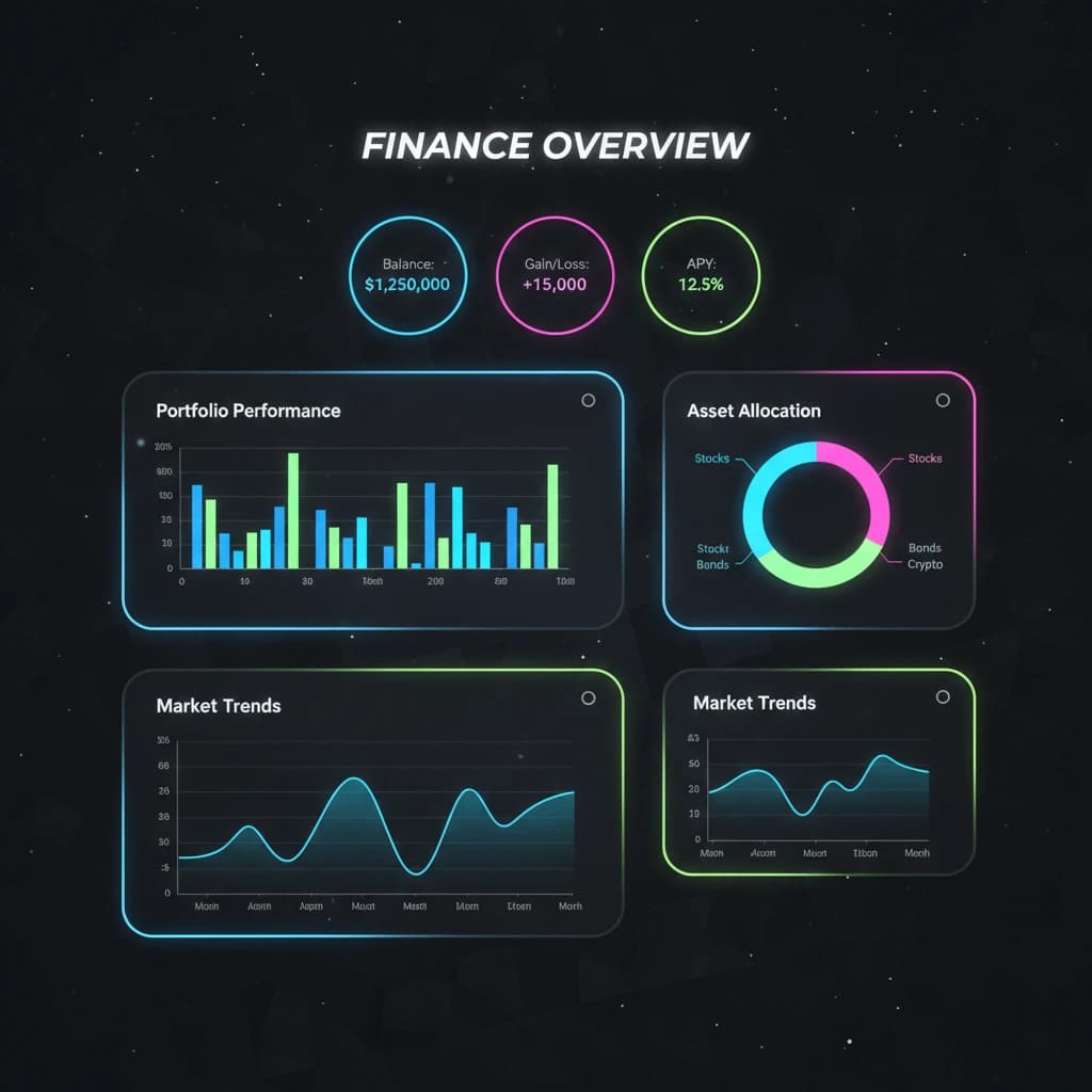 Make a dark mode finance dashboard with charts, glassmorphism, soft neon glow.