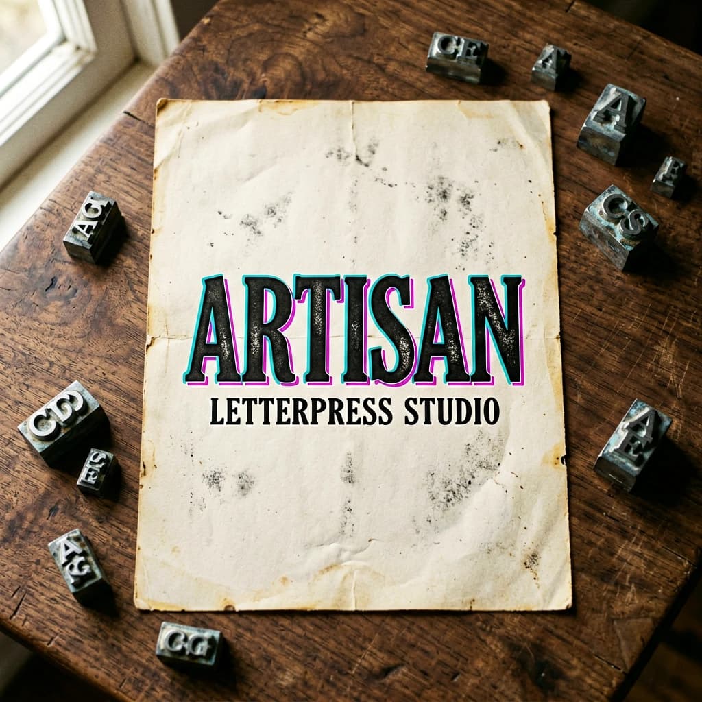 A vintage letterpress poster on a wooden desk: bold slab serif headline, tight kerning, misregistered ink, slightly worn edges, scattered metal type, soft window light.