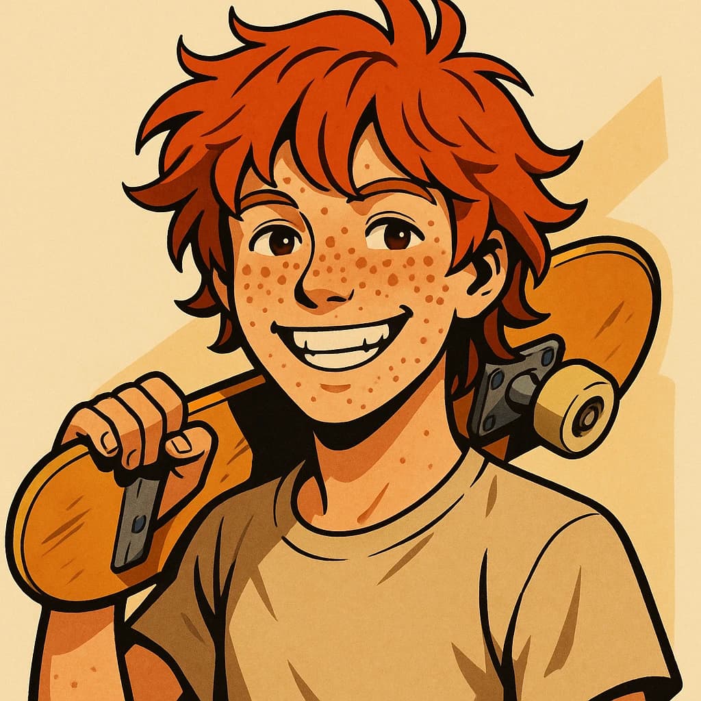 A cel-shaded portrait of a freckled skateboarder, messy red hair, bright grin.
