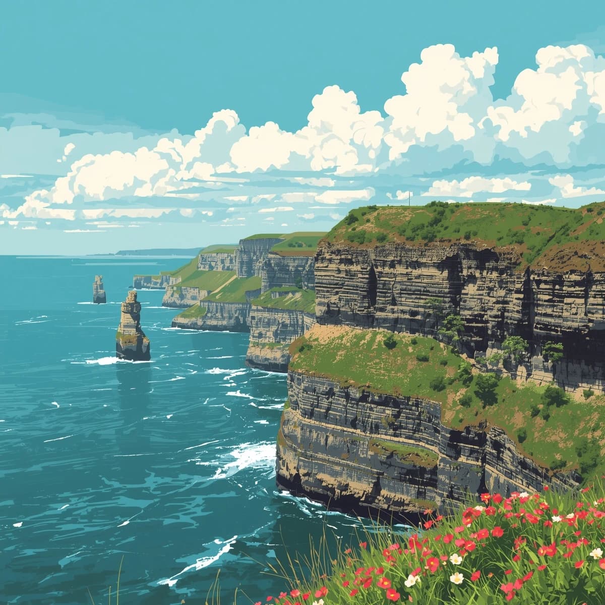 Bright cliffs over teal sea, fat clouds, bold outlines and flat shading.