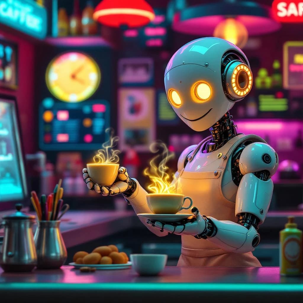 A smiling robot barista serves glowing lattes in a neon diner with bold lines.