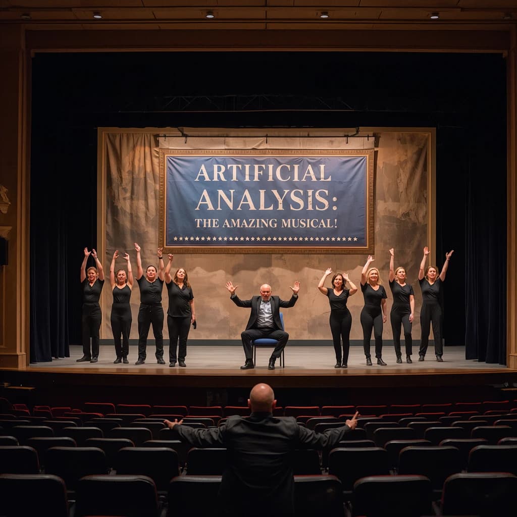 The musical troupe do a rehearsal in a large, empty theatre. 9 people are on the stage, half wear black and the others wear blue. The skinny bald director, seated in the second row, is practically leaping out of their seat with excitement as the leads nail their aerial. A giant banner reading "Artificial Analysis: The Amazing Musical!" is behind the actors.