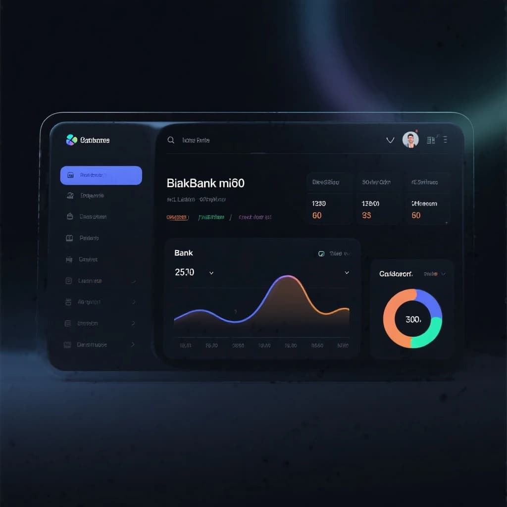 Dark mode banking dashboard with glassmorphism.