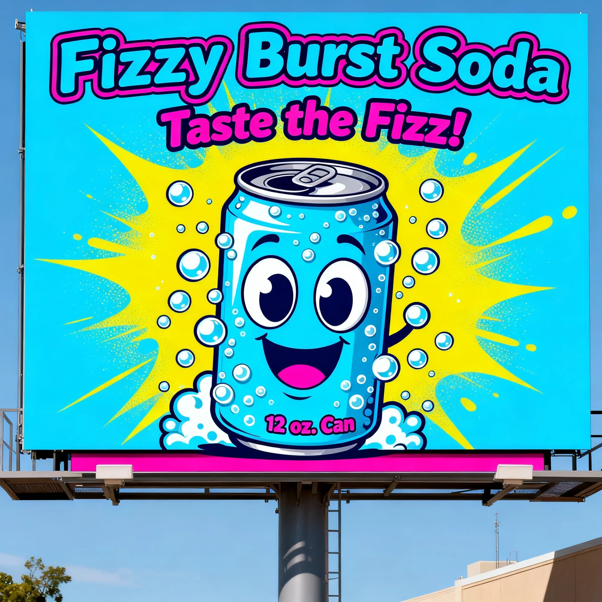 Design a bright soda billboard ad with a bubbly can mascot, thick inky lines.