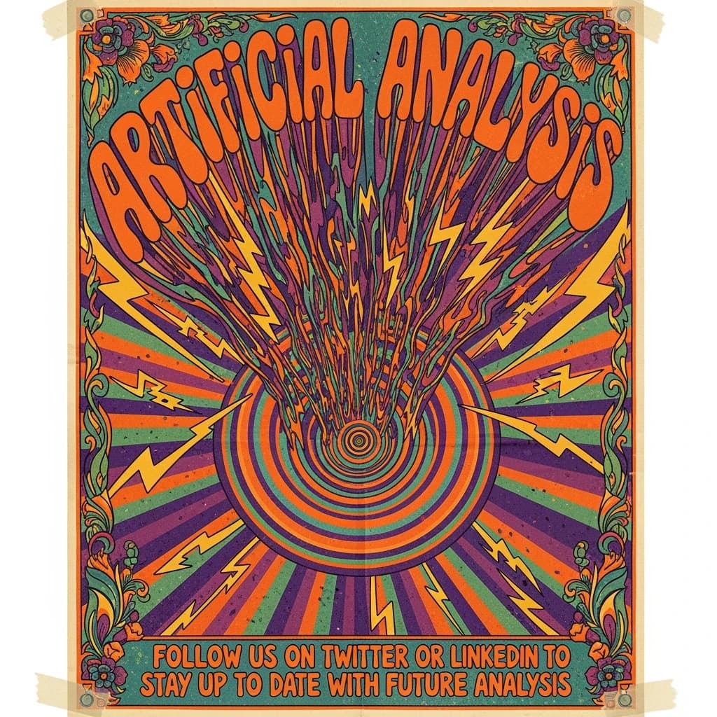 A portrait layout psychedelic concert poster from 1972 bathed in saturated oranges, deep purples, and acid greens. Swirling, hand-drawn typography arcs across the top, spelling out Artificial Analysis in bold, distorted letters that melt into spirals. Surrounded by radiating concentric circles and lightning-bolt motifs. The background is textured with halftone dots and faded paper creases, evoking a well-worn poster taped to a brick wall. Ornate floral borders frame the design, while the bottom features blocky retro lettering listing “Follow us on Twitter or LinkedIn to stay up to date with future analysis” in smaller text. 