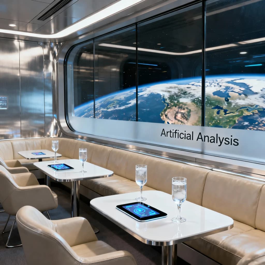 The orbital lounge has brushed aluminum walls and pale leather banquettes. Low white tables are inset with glowing touchscreens. Drinks are clear, flavorless, in tall unmarked glasses. The viewport is floor-to-ceiling, showing Earth moving slowly beneath. The word Artificial Analysis is etched discreetly on the glass in a frosted band.