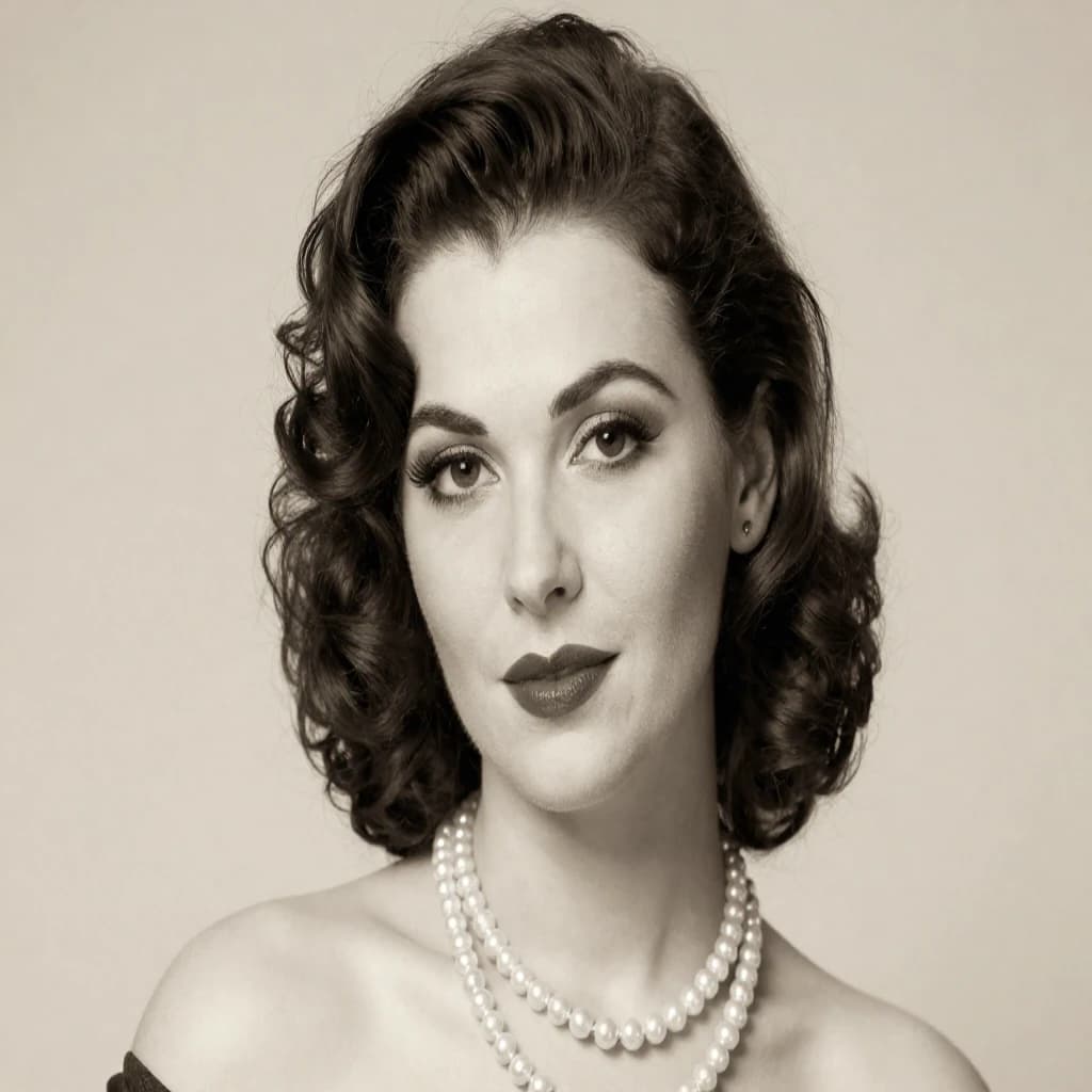 Sepia-toned studio portrait of a flapper with pearl necklace, soft grain.