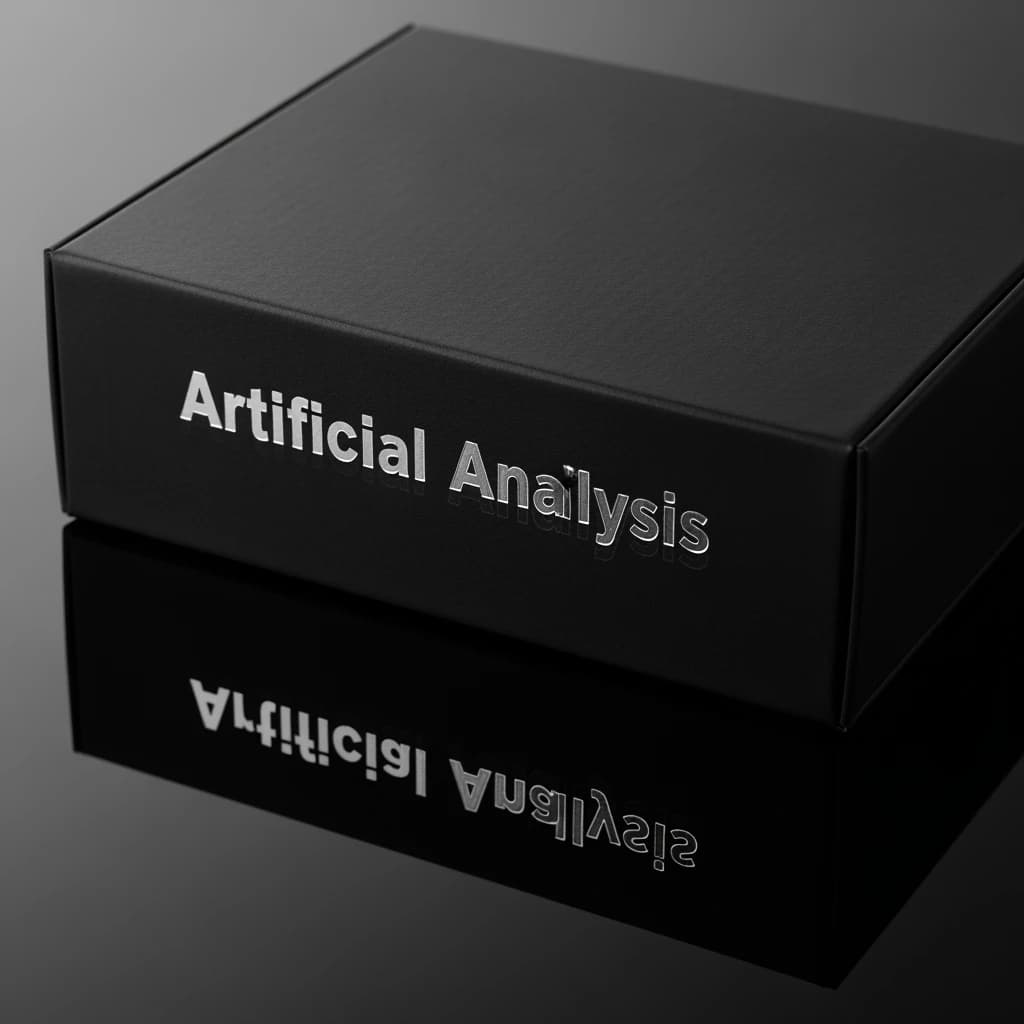 On the black box, silver foil embossing, centered: "Artificial Analysis" in Comic Sans Small Caps, perfectly justified. The letters are crisp, but the “Y” is duplicated faintly, ghosting right. On the box’s reflection, the word order is inverted: ARTIFICIAL ANALYSIS.