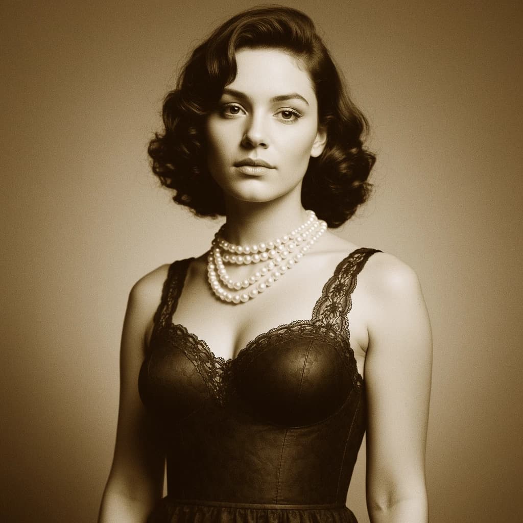 Sepia-toned studio portrait of a flapper with pearl necklace, soft grain.