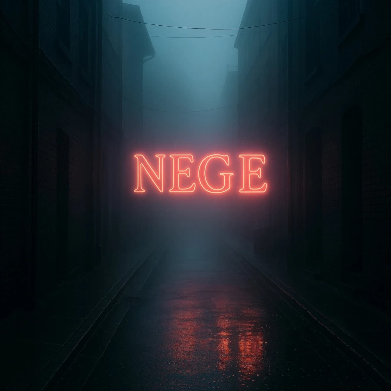 Neon serif letters flicker in a foggy alley, wet asphalt glowing a bit.