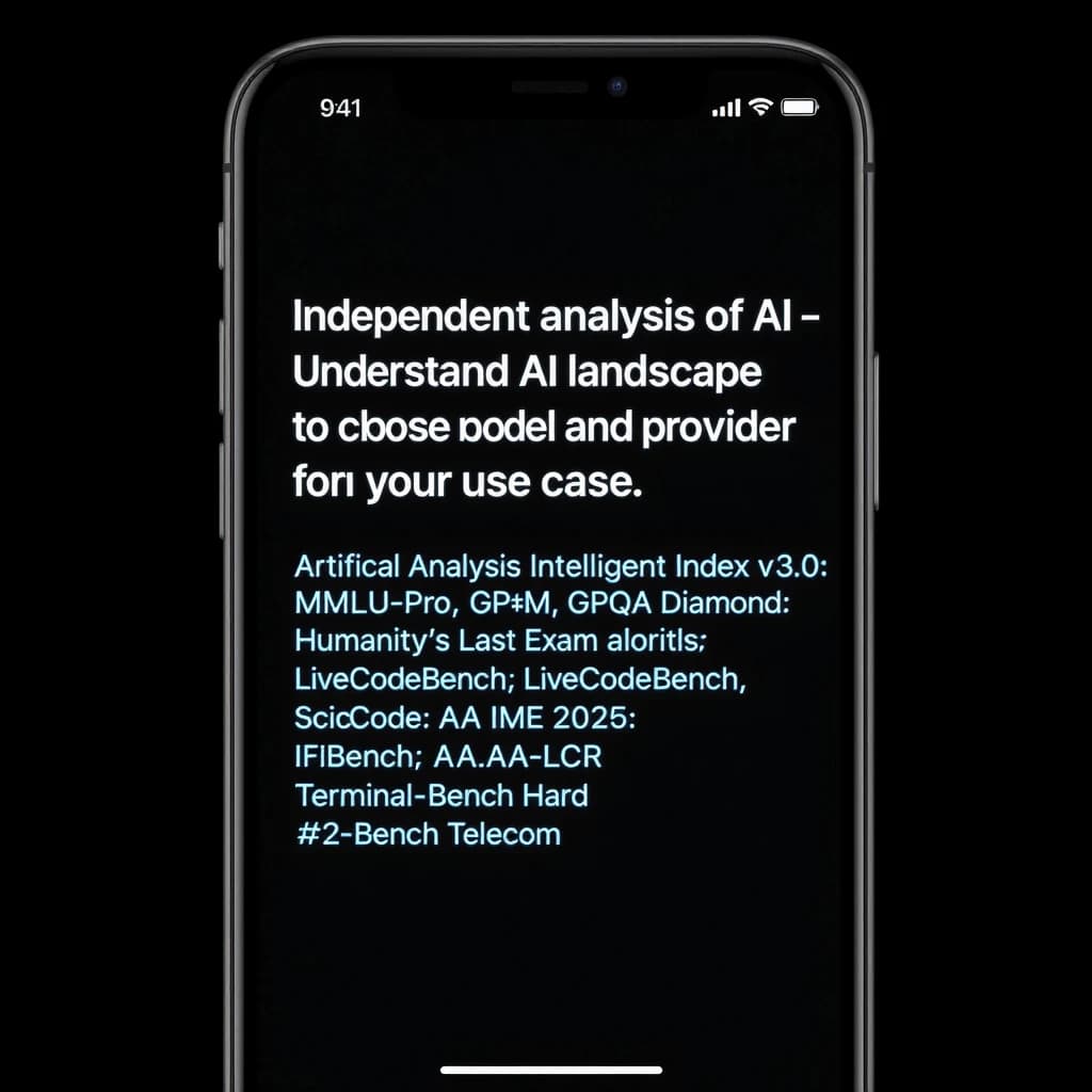 On a black smartphone UI with rounded corners, display a centered text block in white San Francisco font, 16pt: “Independent analysis of AI - Understand the AI landscape to choose the best model and provider for your use case.” Below, in neon cyan, monospace font, smaller size: “Artificial Analysis Intelligence Index v3.0 incorporates 10 evaluations: MMLU-Pro, GPQA Diamond, Humanity's Last Exam, LiveCodeBench, SciCode, AIME 2025, IFBench, AA-LCR, Terminal-Bench Hard, 𝜏²-Bench Telecom.” The second block scrolls horizontally as a ticker. The battery icon in the status bar shows 54%. The Artificial Analysis logo appears faintly, embossed into the bottom navigation bar.