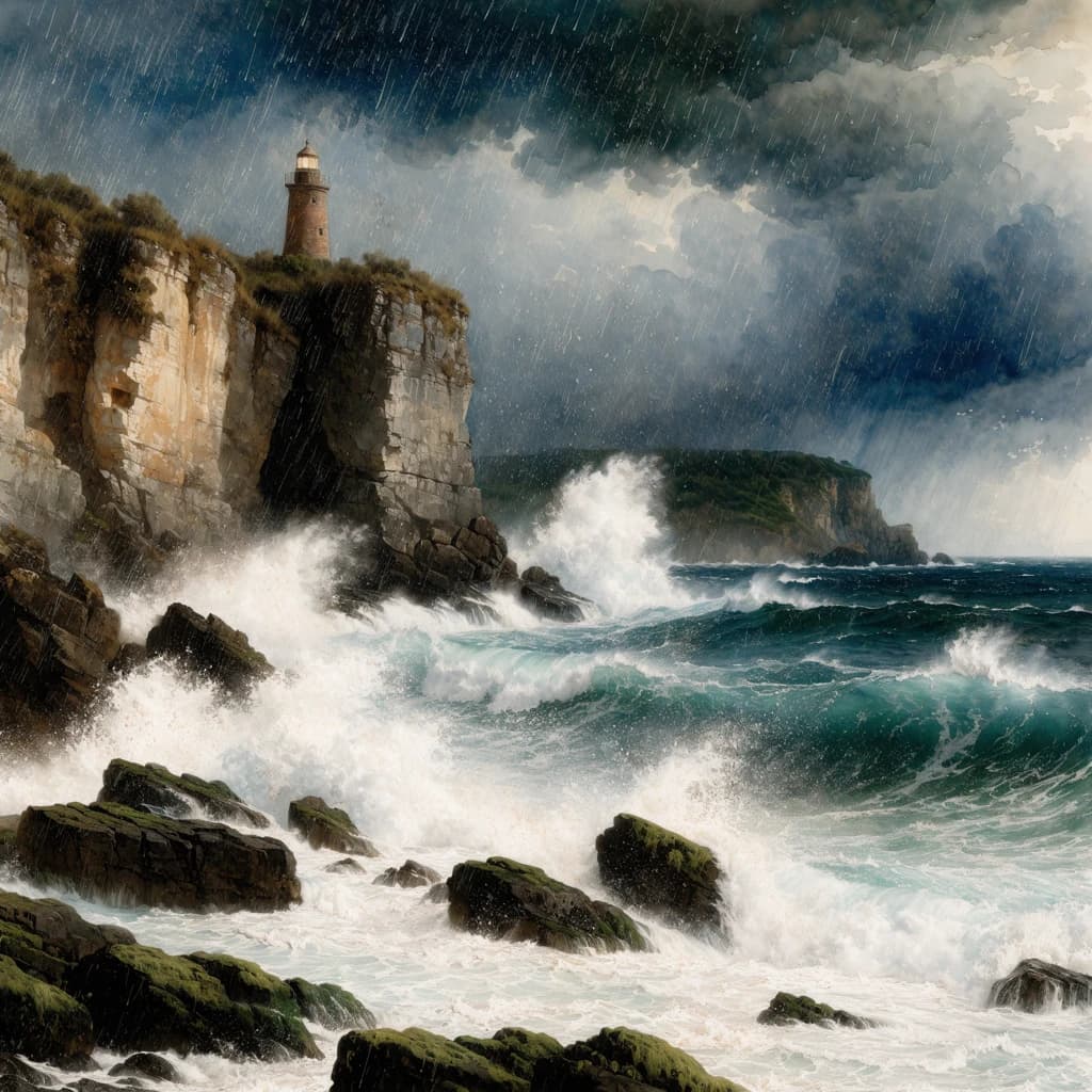Please paint a watercolor of stormy cliffs and a lighthouse, moody sky.