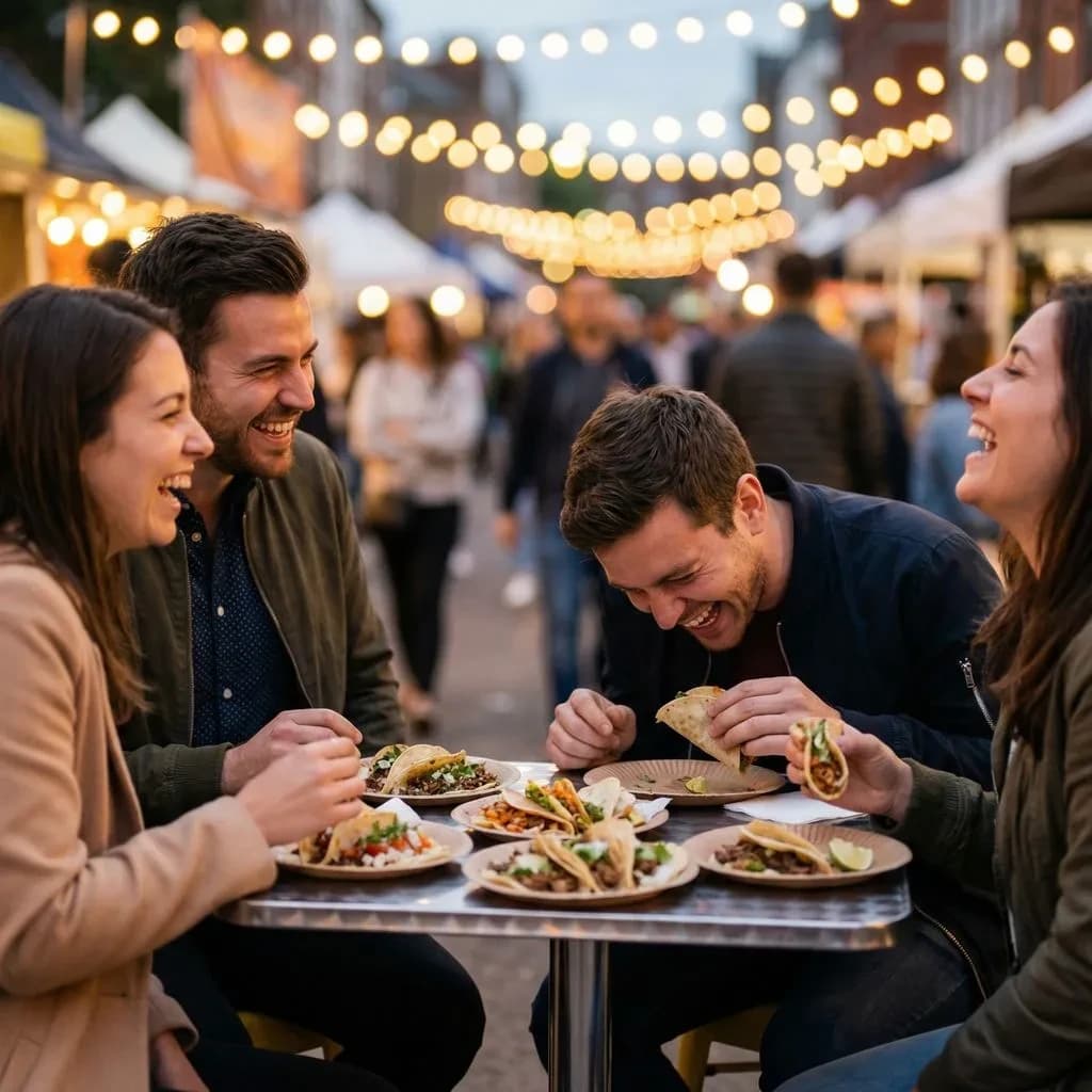 Friends laugh over street tacos at dusk, candid, shallow depth.