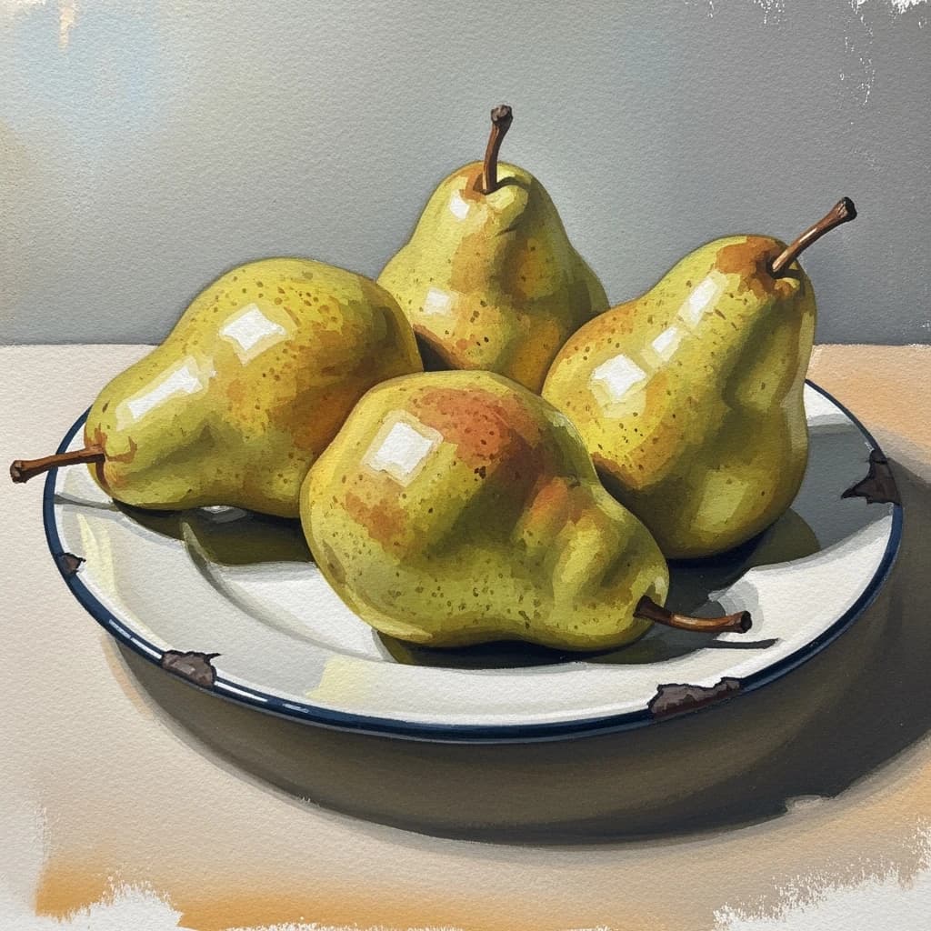 A gouache still life of pears on a chipped plate.