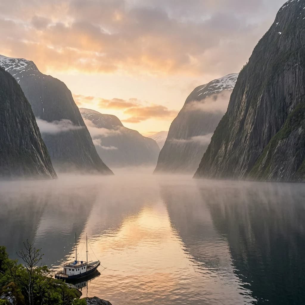 Frame a foggy fjord at sunrise, cliffs looming.